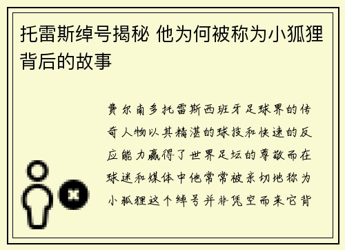 托雷斯绰号揭秘 他为何被称为小狐狸背后的故事