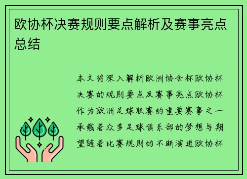 欧协杯决赛规则要点解析及赛事亮点总结